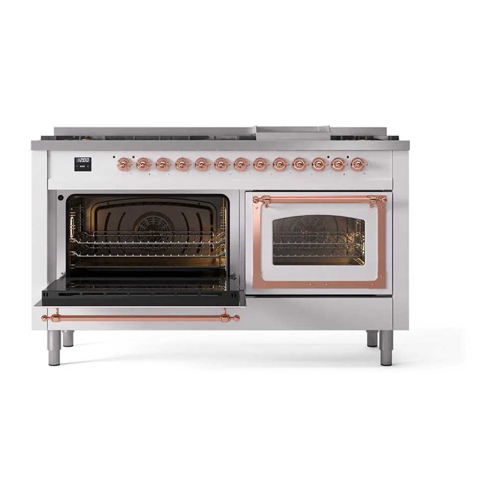 Ilve UN60FNMPWHP Ilve Un60Fnmpwhp Nostalgie Ii Noblesse 60" Dual Fuel Range (9 Sealed Burners   Griddle, Natural Gas, Triple Glass Door, White, Copper)