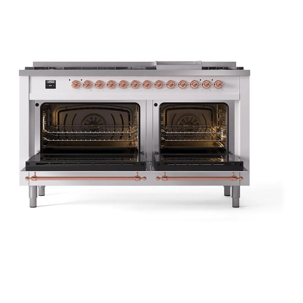 Ilve UN60FNMPWHP Ilve Un60Fnmpwhp Nostalgie Ii Noblesse 60" Dual Fuel Range (9 Sealed Burners   Griddle, Natural Gas, Triple Glass Door, White, Copper)