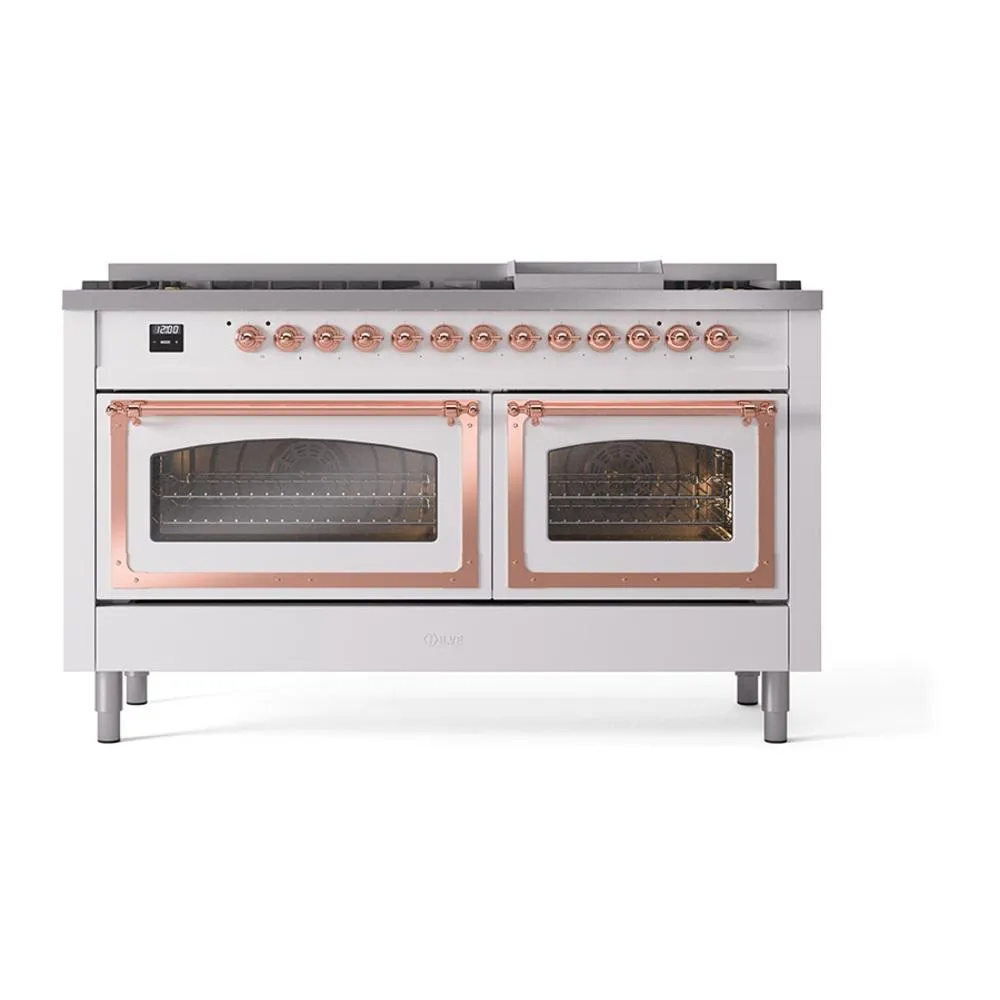 Ilve UN60FNMPWHP Ilve Un60Fnmpwhp Nostalgie Ii Noblesse 60" Dual Fuel Range (9 Sealed Burners   Griddle, Natural Gas, Triple Glass Door, White, Copper)