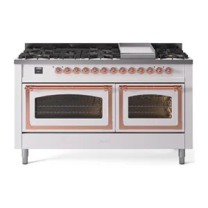 Ilve UN60FNMPWHPLP Ilve Un60Fnmpwhplp Nostalgie Ii Noblesse 60" Dual Fuel Range (9 Sealed Burners   Griddle, Liquid Propane, Triple Glass Door, White, Copper)