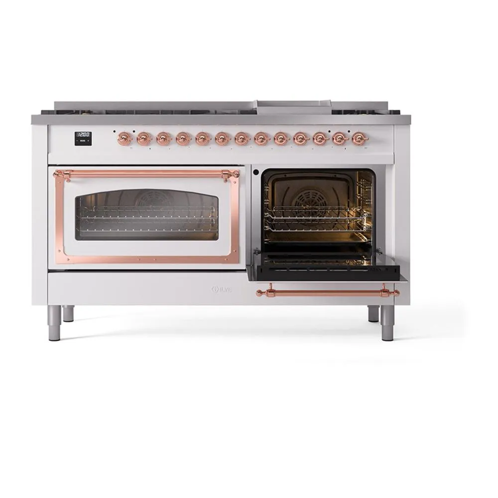 Ilve UN60FNMPWHPLP Ilve Un60Fnmpwhplp Nostalgie Ii Noblesse 60" Dual Fuel Range (9 Sealed Burners   Griddle, Liquid Propane, Triple Glass Door, White, Copper)