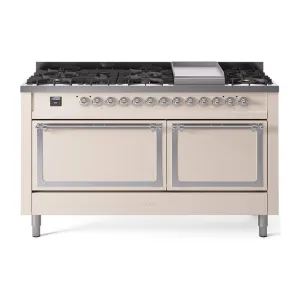 Ilve UN60FQNMPAWCLP Ilve Un60Fqnmpawclp Nostalgie Ii Noblesse 60" Dual Fuel Range (9 Sealed Burners   Griddle, Liquid Propane, Solid Door, Antique White, Chrome)