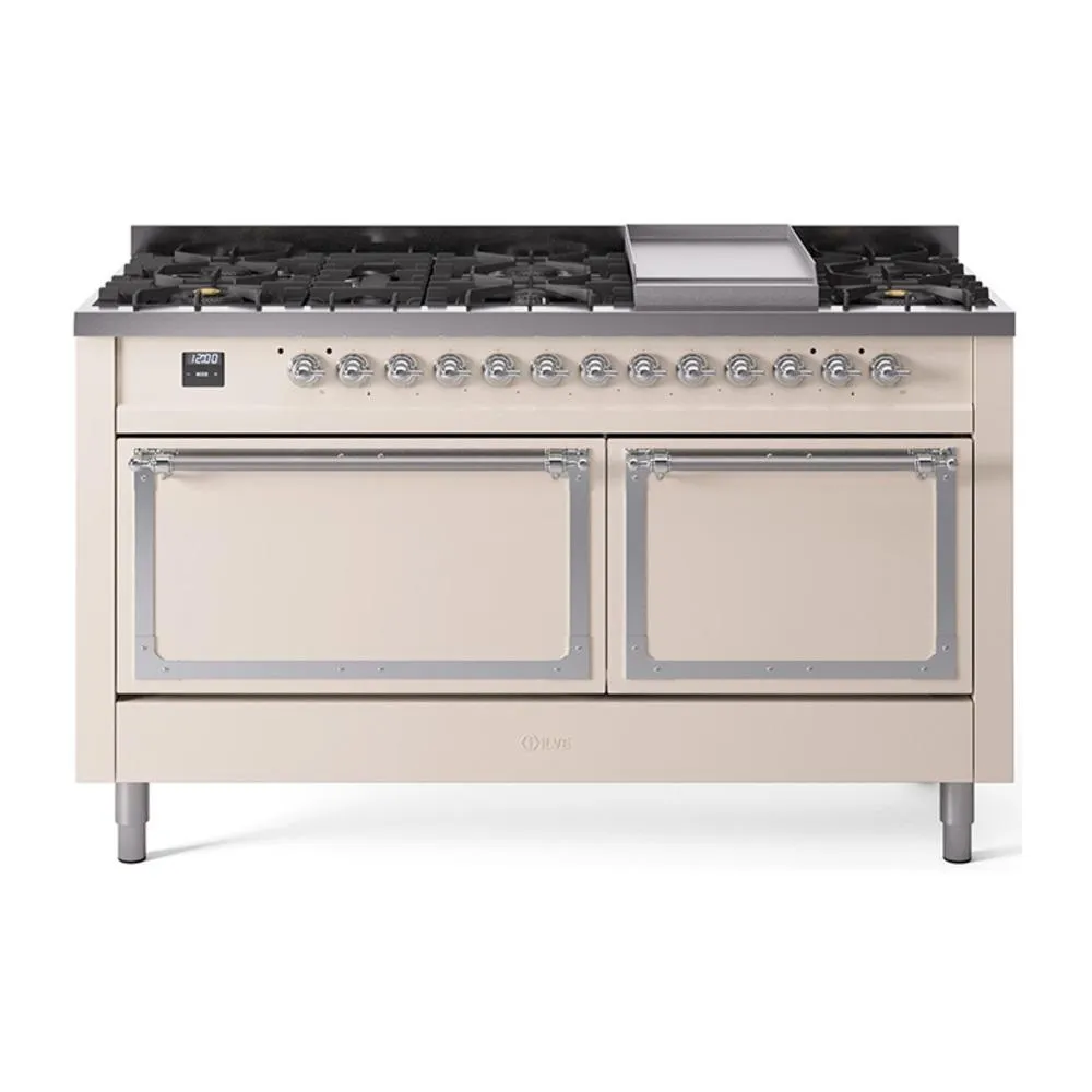 Ilve UN60FQNMPAWCLP Ilve Un60Fqnmpawclp Nostalgie Ii Noblesse 60" Dual Fuel Range (9 Sealed Burners   Griddle, Liquid Propane, Solid Door, Antique White, Chrome)