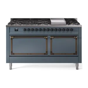 Ilve UN60FQNMPBGBLP Ilve Un60Fqnmpbgblp Nostalgie Ii Noblesse 60" Dual Fuel Range (9 Sealed Burners   Griddle, Liquid Propane, Solid Door, Blue Grey, Burnished)