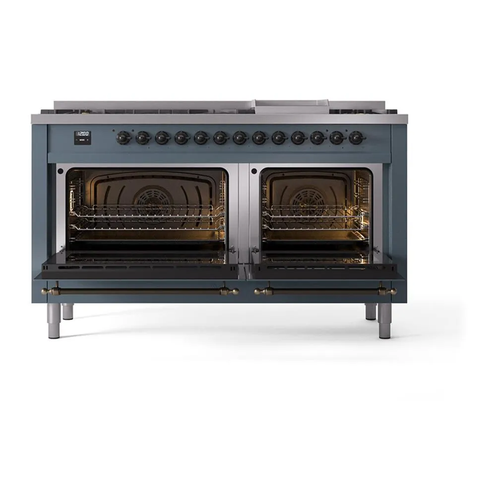 Ilve UN60FQNMPBGBLP Ilve Un60Fqnmpbgblp Nostalgie Ii Noblesse 60" Dual Fuel Range (9 Sealed Burners   Griddle, Liquid Propane, Solid Door, Blue Grey, Burnished)