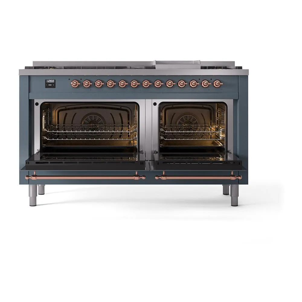 Ilve UN60FQNMPBGPLP Ilve Un60Fqnmpbgplp Nostalgie Ii Noblesse 60" Dual Fuel Range (9 Sealed Burners   Griddle, Liquid Propane, Solid Door, Blue Grey, Copper)