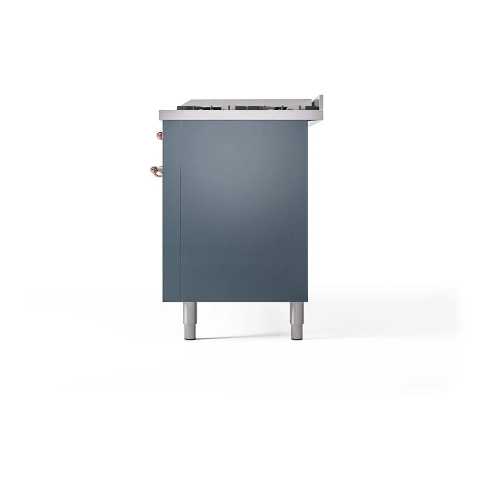 Ilve UN60FQNMPBGPLP Ilve Un60Fqnmpbgplp Nostalgie Ii Noblesse 60" Dual Fuel Range (9 Sealed Burners   Griddle, Liquid Propane, Solid Door, Blue Grey, Copper)