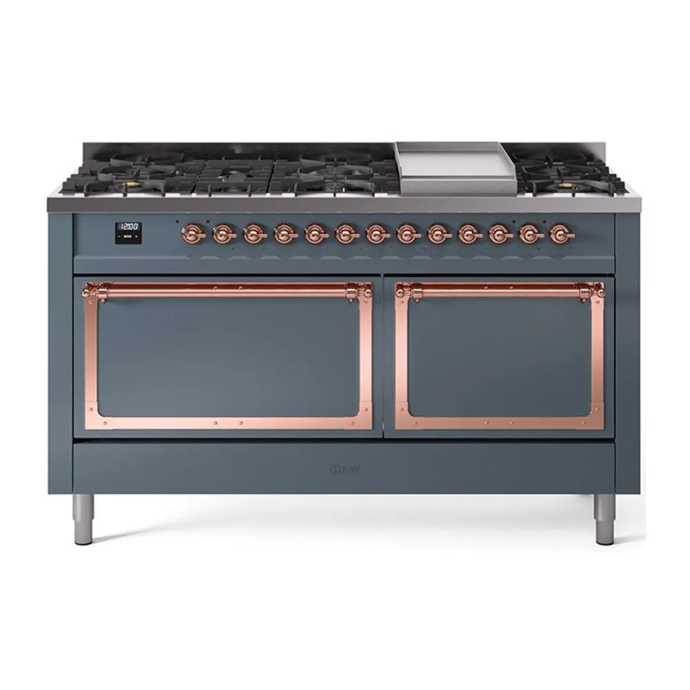 Ilve UN60FQNMPBGPLP Ilve Un60Fqnmpbgplp Nostalgie Ii Noblesse 60" Dual Fuel Range (9 Sealed Burners   Griddle, Liquid Propane, Solid Door, Blue Grey, Copper)