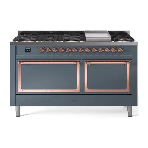Ilve UN60FQNMPBGPLP Ilve Un60Fqnmpbgplp Nostalgie Ii Noblesse 60" Dual Fuel Range (9 Sealed Burners   Griddle, Liquid Propane, Solid Door, Blue Grey, Copper)