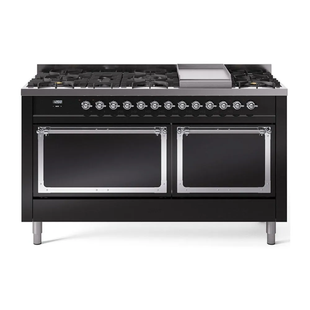 Ilve UN60FQNMPBKCLP Ilve Un60Fqnmpbkclp Nostalgie Ii Noblesse 60" Dual Fuel Range (9 Sealed Burners   Griddle, Liquid Propane, Solid Door, Glossy Black, Chrome)