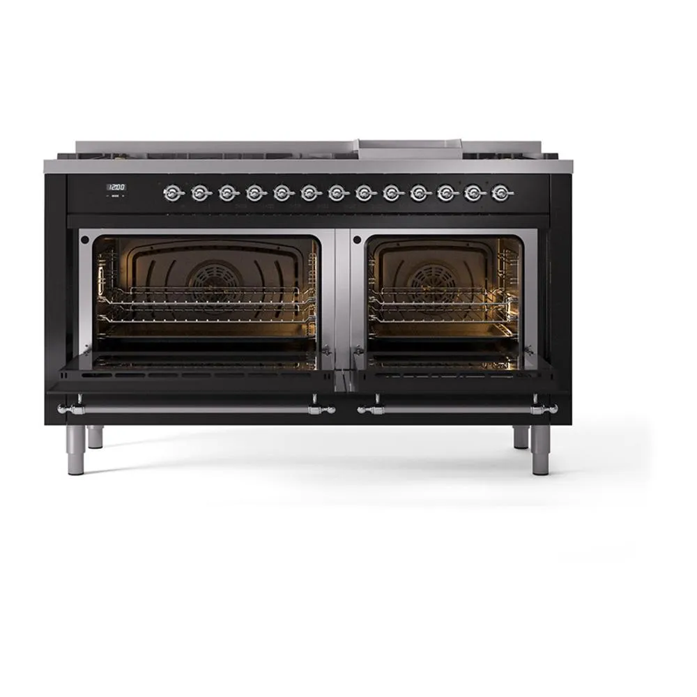 Ilve UN60FQNMPBKCLP Ilve Un60Fqnmpbkclp Nostalgie Ii Noblesse 60" Dual Fuel Range (9 Sealed Burners   Griddle, Liquid Propane, Solid Door, Glossy Black, Chrome)