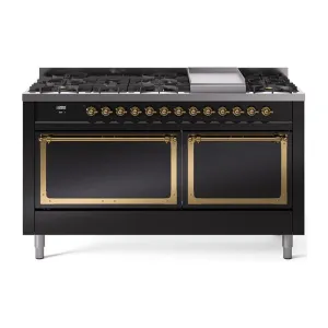 Ilve UN60FQNMPBKG Ilve Un60Fqnmpbkg Nostalgie Ii Noblesse 60" Dual Fuel Range (9 Sealed Burners   Griddle, Natural Gas, Solid Door, Glossy Black, Brass)