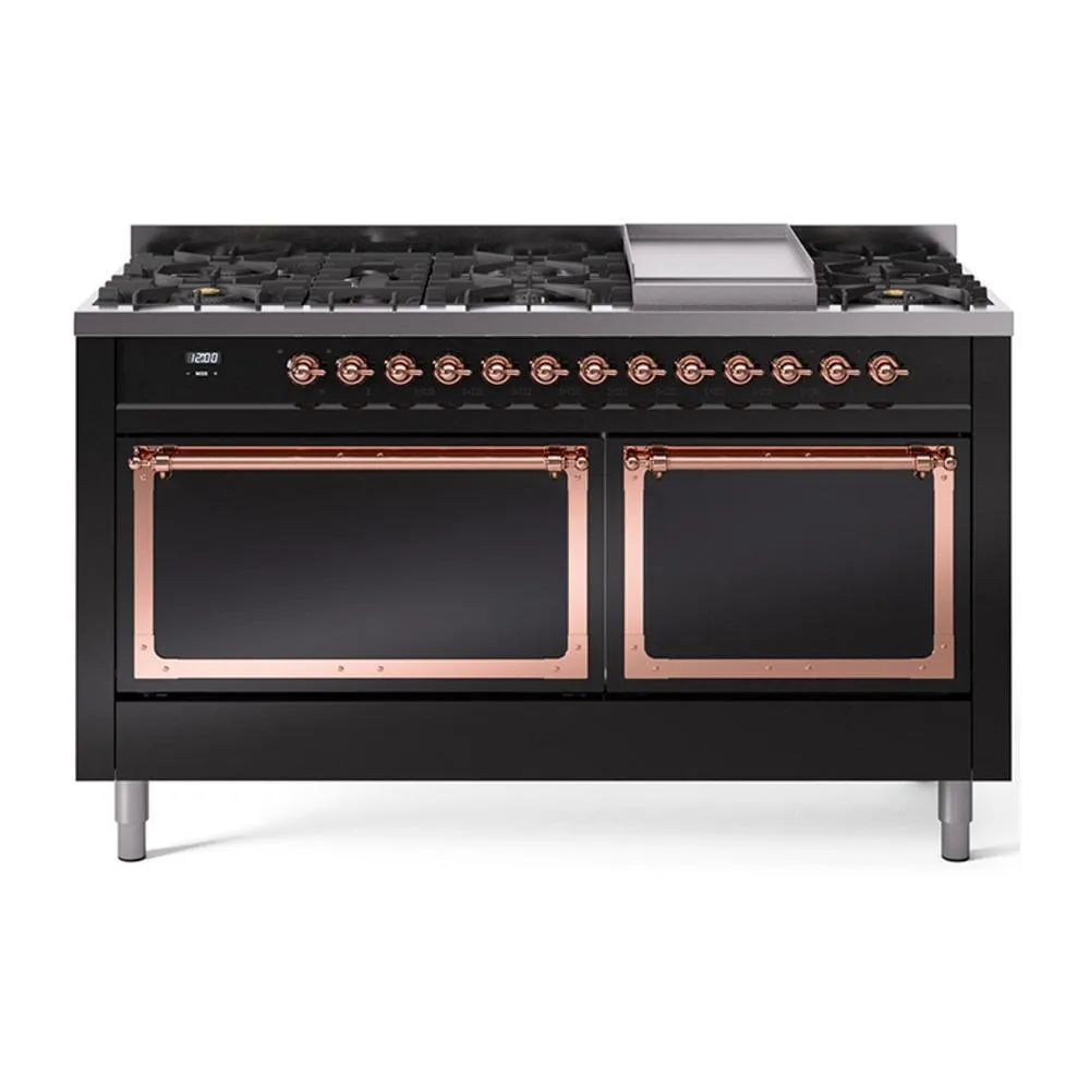 Ilve UN60FQNMPBKPLP Ilve Un60Fqnmpbkplp Nostalgie Ii Noblesse 60" Dual Fuel Range (9 Sealed Burners   Griddle, Liquid Propane, Solid Door, Glossy Black, Copper)