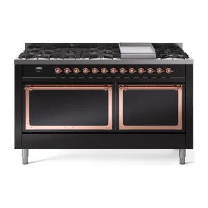 Ilve UN60FQNMPBKPLP Ilve Un60Fqnmpbkplp Nostalgie Ii Noblesse 60" Dual Fuel Range (9 Sealed Burners   Griddle, Liquid Propane, Solid Door, Glossy Black, Copper)