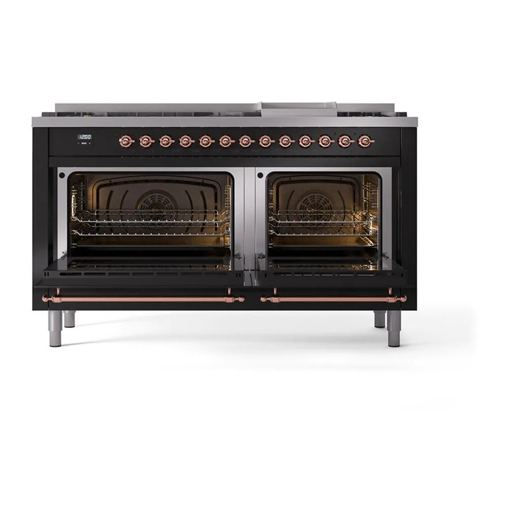 Ilve UN60FQNMPBKPLP Ilve Un60Fqnmpbkplp Nostalgie Ii Noblesse 60" Dual Fuel Range (9 Sealed Burners   Griddle, Liquid Propane, Solid Door, Glossy Black, Copper)