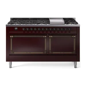 Ilve UN60FQNMPBUB Ilve Un60Fqnmpbub Nostalgie Ii Noblesse 60" Dual Fuel Range (9 Sealed Burners   Griddle, Natural Gas, Solid Door, Burgundy, Burnished)