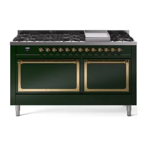 Ilve UN60FQNMPEGG Ilve Un60Fqnmpegg Nostalgie Ii Noblesse 60" Dual Fuel Range (9 Sealed Burners   Griddle, Natural Gas, Solid Door, Emerald Green, Brass)