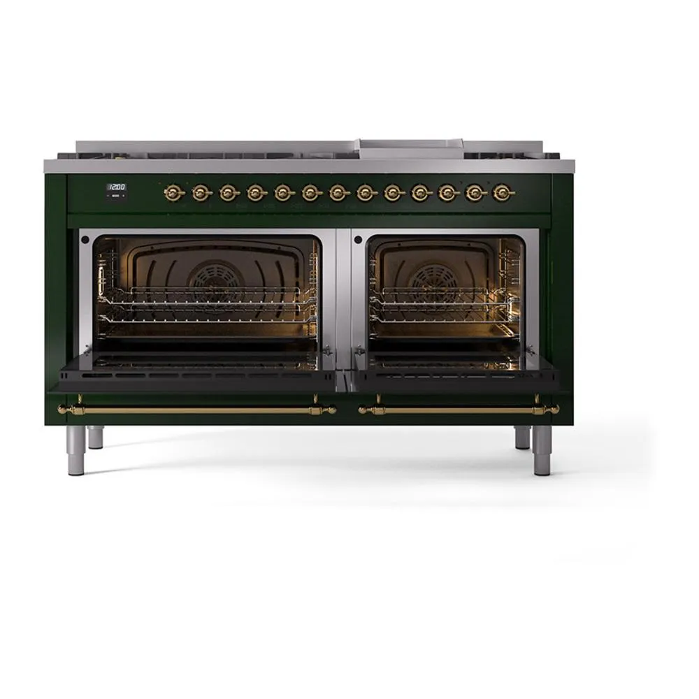 Ilve UN60FQNMPEGG Ilve Un60Fqnmpegg Nostalgie Ii Noblesse 60" Dual Fuel Range (9 Sealed Burners   Griddle, Natural Gas, Solid Door, Emerald Green, Brass)