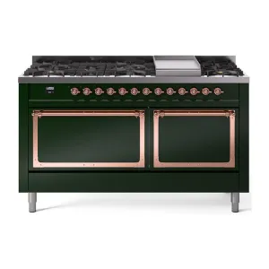 Ilve UN60FQNMPEGP Ilve Un60Fqnmpegp Nostalgie Ii Noblesse 60" Dual Fuel Range (9 Sealed Burners   Griddle, Natural Gas, Solid Door, Emerald Green, Copper)