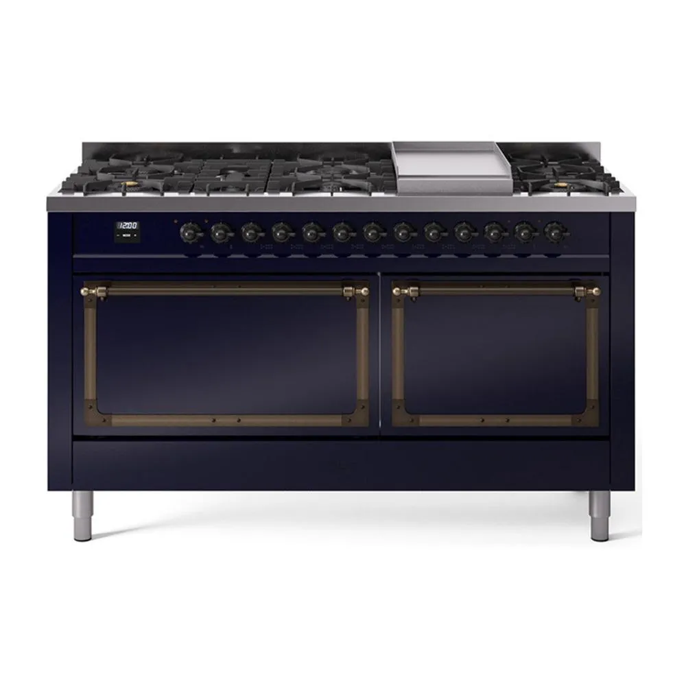 Ilve UN60FQNMPMBB Ilve Un60Fqnmpmbb Nostalgie Ii Noblesse 60" Dual Fuel Range (9 Sealed Burners   Griddle, Natural Gas, Solid Door, Midnight Blue, Burnished)