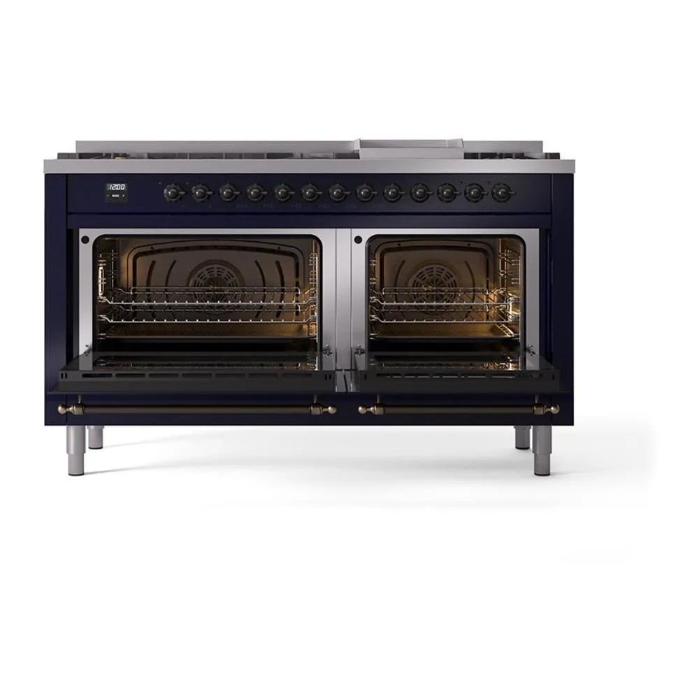 Ilve UN60FQNMPMBB Ilve Un60Fqnmpmbb Nostalgie Ii Noblesse 60" Dual Fuel Range (9 Sealed Burners   Griddle, Natural Gas, Solid Door, Midnight Blue, Burnished)