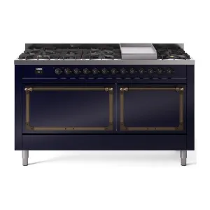 Ilve UN60FQNMPMBB Ilve Un60Fqnmpmbb Nostalgie Ii Noblesse 60" Dual Fuel Range (9 Sealed Burners   Griddle, Natural Gas, Solid Door, Midnight Blue, Burnished)