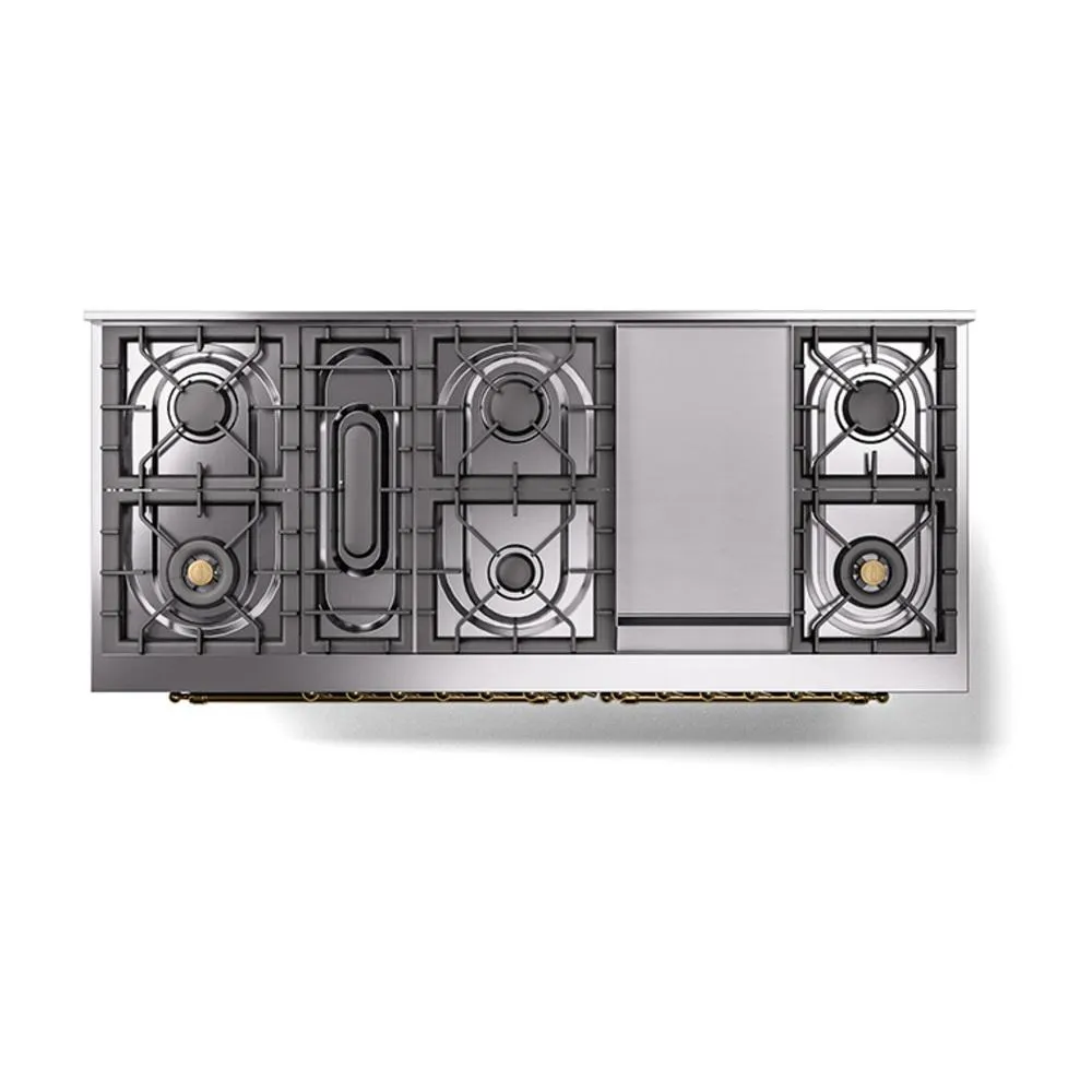 Ilve UN60FQNMPMBGLP Ilve Un60Fqnmpmbglp Nostalgie Ii Noblesse 60" Dual Fuel Range (9 Sealed Burners   Griddle, Liquid Propane, Solid Door, Midnight Blue, Brass)