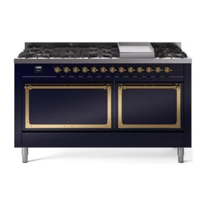 Ilve UN60FQNMPMBGLP Ilve Un60Fqnmpmbglp Nostalgie Ii Noblesse 60" Dual Fuel Range (9 Sealed Burners   Griddle, Liquid Propane, Solid Door, Midnight Blue, Brass)