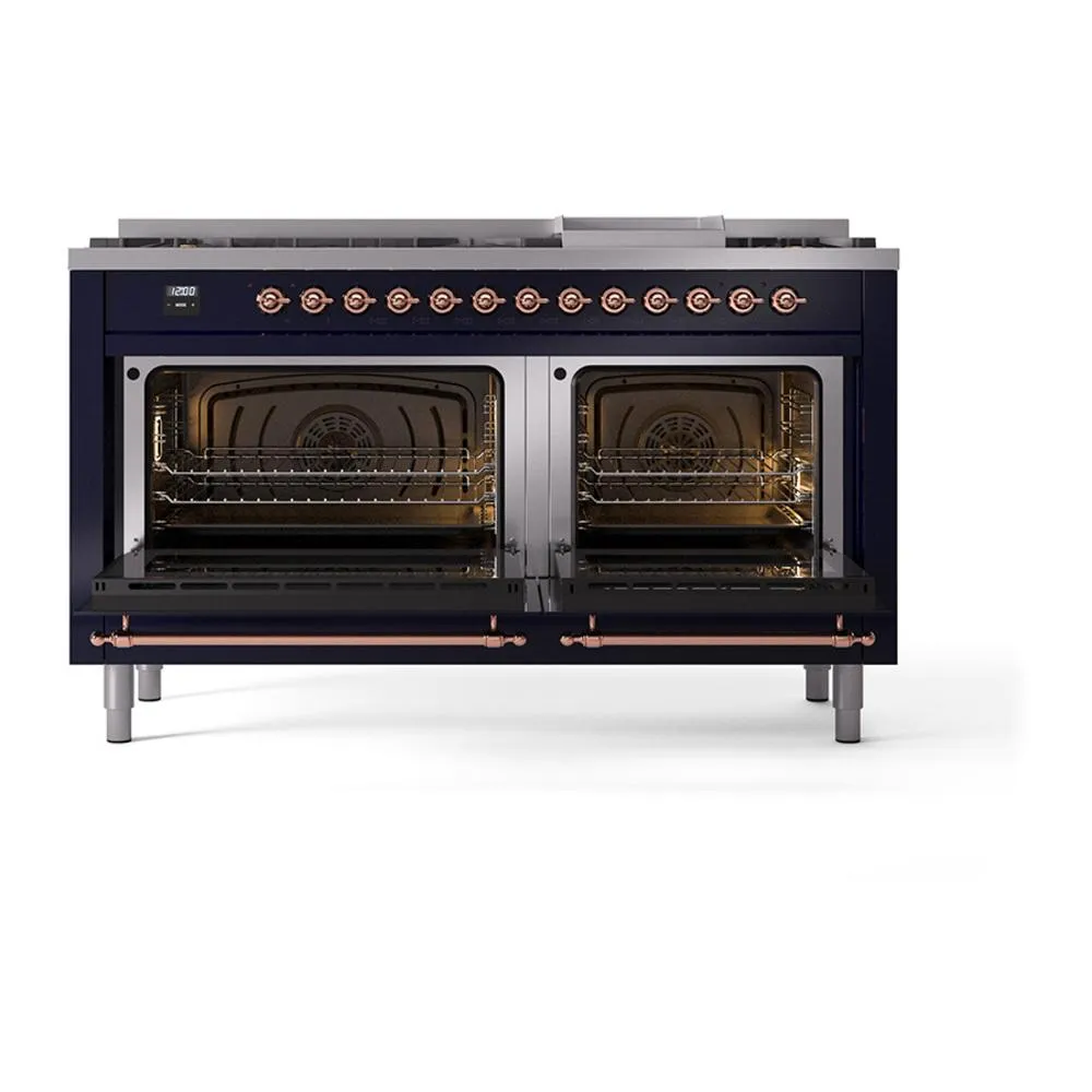 Ilve UN60FQNMPMBP Ilve Un60Fqnmpmbp Nostalgie Ii Noblesse 60" Dual Fuel Range (9 Sealed Burners   Griddle, Natural Gas, Solid Door, Midnight Blue, Copper)