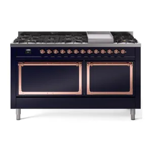 Ilve UN60FQNMPMBP Ilve Un60Fqnmpmbp Nostalgie Ii Noblesse 60" Dual Fuel Range (9 Sealed Burners   Griddle, Natural Gas, Solid Door, Midnight Blue, Copper)