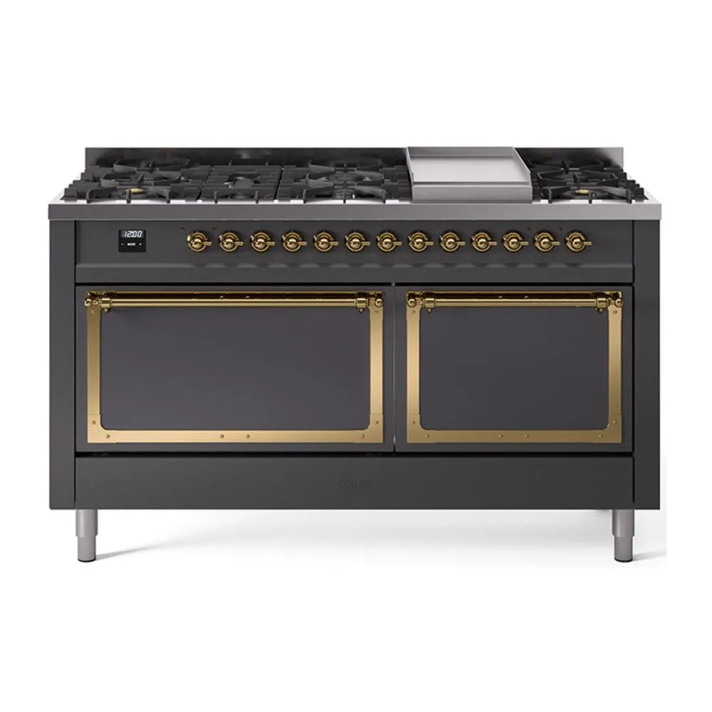 Ilve UN60FQNMPMGG Ilve Un60Fqnmpmgg Nostalgie Ii Noblesse 60" Dual Fuel Range (9 Sealed Burners   Griddle, Natural Gas, Solid Door, Graphite Matte, Brass)