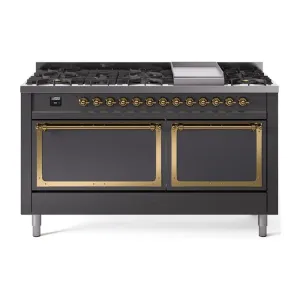 Ilve UN60FQNMPMGG Ilve Un60Fqnmpmgg Nostalgie Ii Noblesse 60" Dual Fuel Range (9 Sealed Burners   Griddle, Natural Gas, Solid Door, Graphite Matte, Brass)