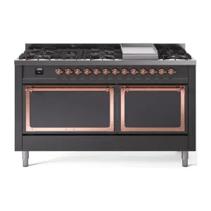 Ilve UN60FQNMPMGP Ilve Un60Fqnmpmgp Nostalgie Ii Noblesse 60" Dual Fuel Range (9 Sealed Burners   Griddle, Natural Gas, Solid Door, Graphite Matte, Copper)