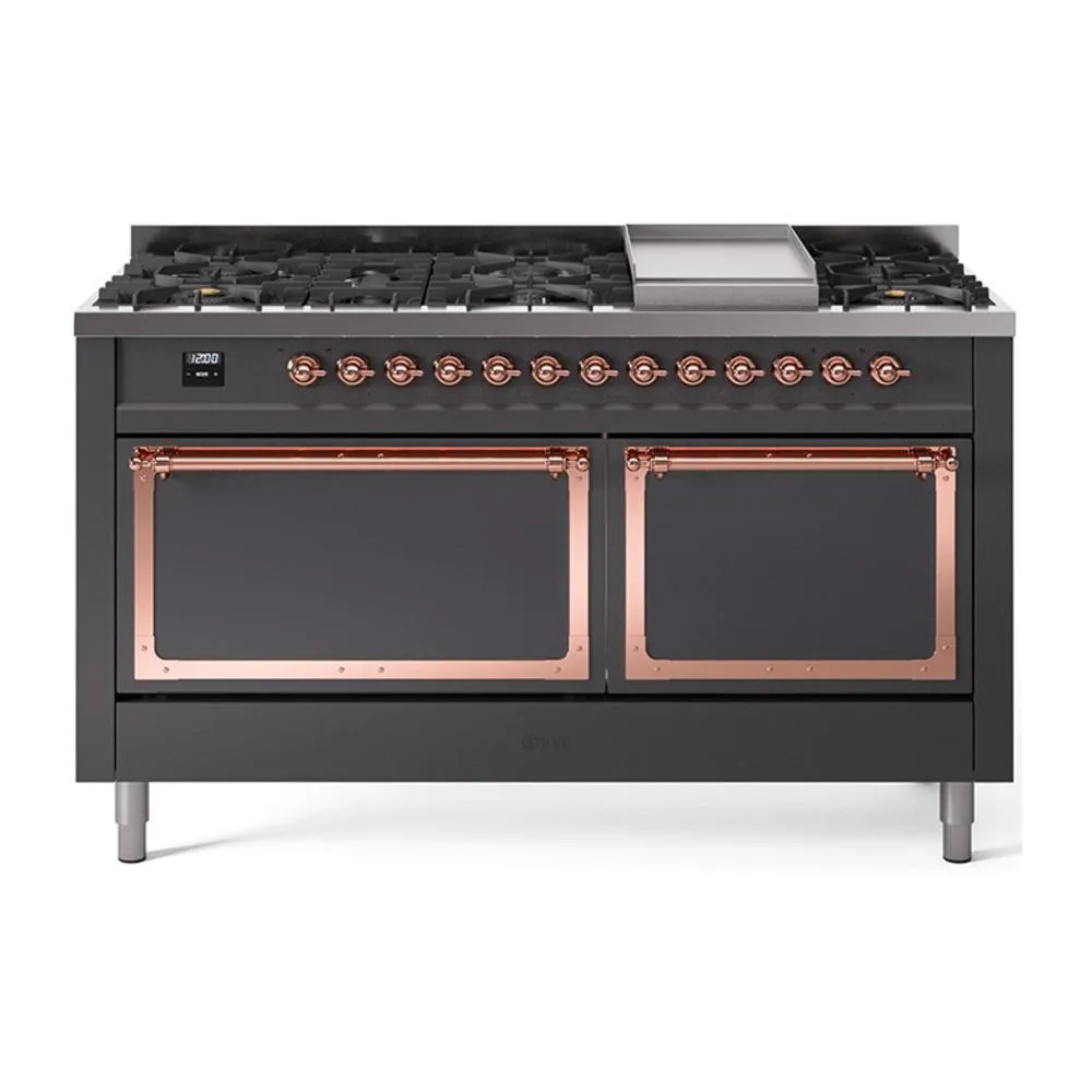 Ilve UN60FQNMPMGP Ilve Un60Fqnmpmgp Nostalgie Ii Noblesse 60" Dual Fuel Range (9 Sealed Burners   Griddle, Natural Gas, Solid Door, Graphite Matte, Copper)