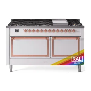 Ilve UN60FQNMPRAPLP Ilve Un60Fqnmpraplp Nostalgie Ii Noblesse 60" Dual Fuel Range (9 Sealed Burners   Griddle, Liquid Propane, Solid Door, Ral, Copper)