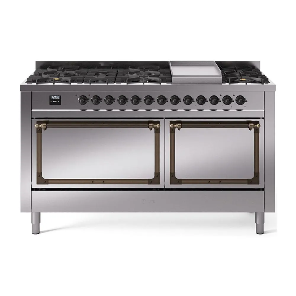 Ilve UN60FQNMPSSBLP Ilve Un60Fqnmpssblp Nostalgie Ii Noblesse 60" Dual Fuel Range (9 Sealed Burners   Griddle, Liquid Propane, Solid Door, Stainless Steel, Burnished)