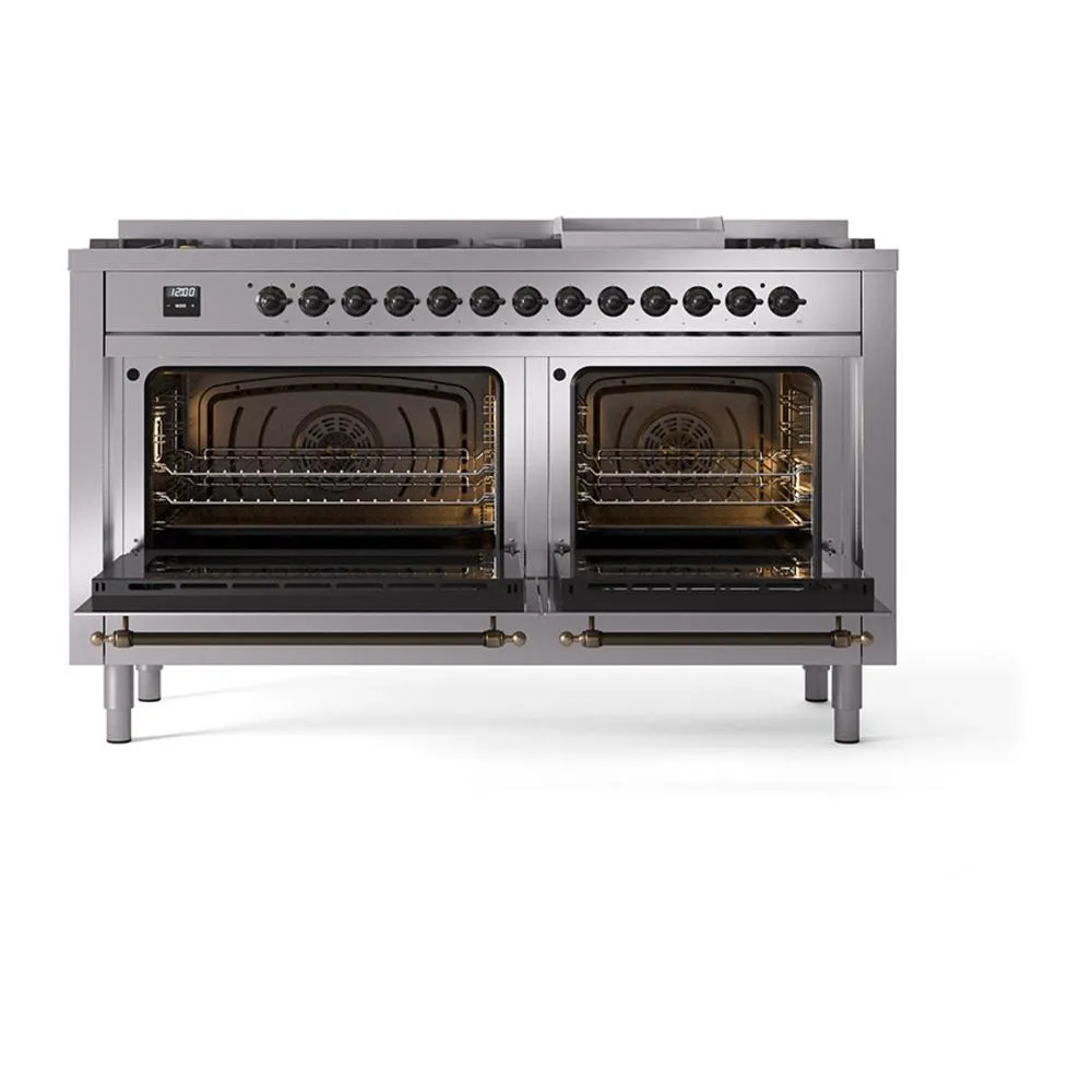 Ilve UN60FQNMPSSBLP Ilve Un60Fqnmpssblp Nostalgie Ii Noblesse 60" Dual Fuel Range (9 Sealed Burners   Griddle, Liquid Propane, Solid Door, Stainless Steel, Burnished)