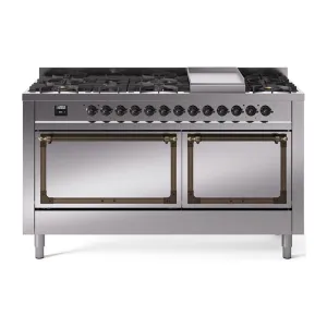 Ilve UN60FQNMPSSBLP Ilve Un60Fqnmpssblp Nostalgie Ii Noblesse 60" Dual Fuel Range (9 Sealed Burners   Griddle, Liquid Propane, Solid Door, Stainless Steel, Burnished)