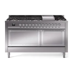 Ilve UN60FQNMPSSCLP Ilve Un60Fqnmpssclp Nostalgie Ii Noblesse 60" Dual Fuel Range (9 Sealed Burners   Griddle, Liquid Propane, Solid Door, Stainless Steel, Chrome)