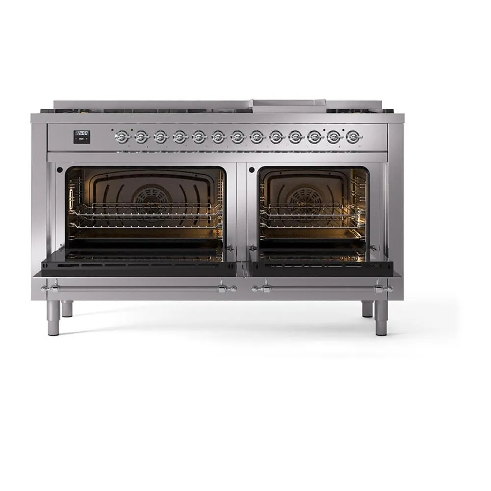 Ilve UN60FQNMPSSCLP Ilve Un60Fqnmpssclp Nostalgie Ii Noblesse 60" Dual Fuel Range (9 Sealed Burners   Griddle, Liquid Propane, Solid Door, Stainless Steel, Chrome)