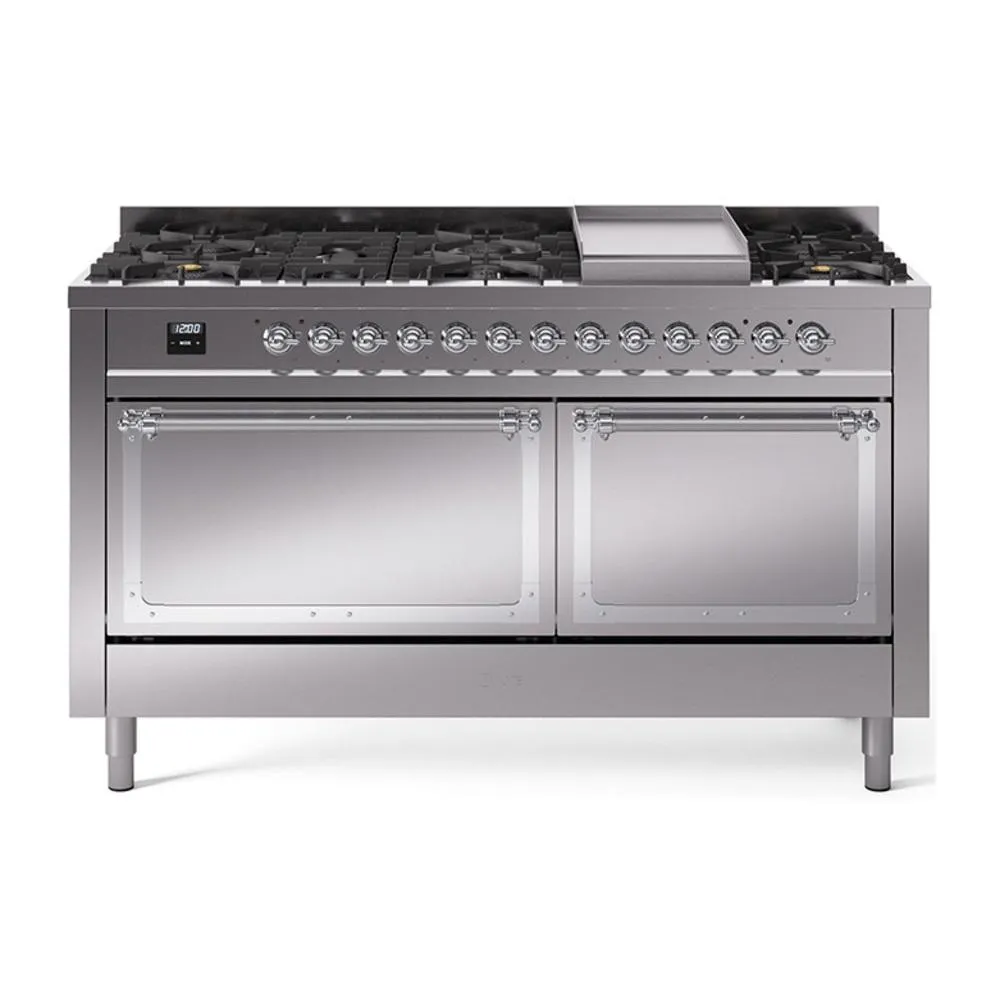 Ilve UN60FQNMPSSCLP Ilve Un60Fqnmpssclp Nostalgie Ii Noblesse 60" Dual Fuel Range (9 Sealed Burners   Griddle, Liquid Propane, Solid Door, Stainless Steel, Chrome)