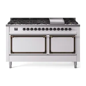 Ilve UN60FQNMPWHB Ilve Un60Fqnmpwhb Nostalgie Ii Noblesse 60" Dual Fuel Range (9 Sealed Burners   Griddle, Natural Gas, Solid Door, White, Burnished)