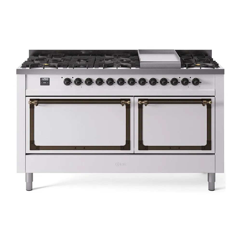 Ilve UN60FQNMPWHB Ilve Un60Fqnmpwhb Nostalgie Ii Noblesse 60" Dual Fuel Range (9 Sealed Burners   Griddle, Natural Gas, Solid Door, White, Burnished)
