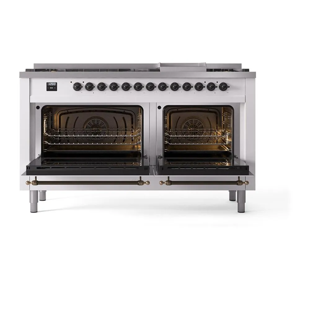 Ilve UN60FQNMPWHB Ilve Un60Fqnmpwhb Nostalgie Ii Noblesse 60" Dual Fuel Range (9 Sealed Burners   Griddle, Natural Gas, Solid Door, White, Burnished)