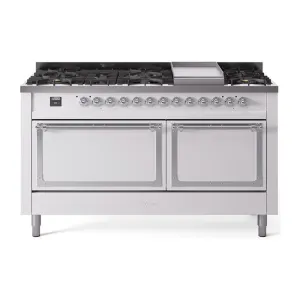 Ilve UN60FQNMPWHC Ilve Un60Fqnmpwhc Nostalgie Ii Noblesse 60" Dual Fuel Range (9 Sealed Burners   Griddle, Natural Gas, Solid Door, White, Chrome)