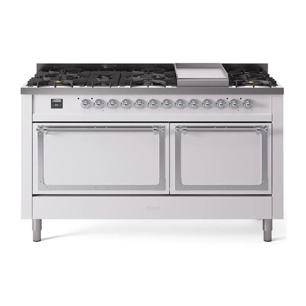 Ilve UN60FQNMPWHC Ilve Un60Fqnmpwhc Nostalgie Ii Noblesse 60" Dual Fuel Range (9 Sealed Burners   Griddle, Natural Gas, Solid Door, White, Chrome)