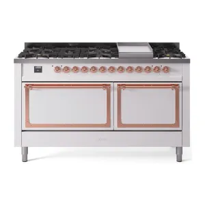 Ilve UN60FQNMPWHPLP Ilve Un60Fqnmpwhplp Nostalgie Ii Noblesse 60" Dual Fuel Range (9 Sealed Burners   Griddle, Liquid Propane, Solid Door, White, Copper)