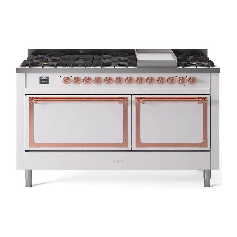 Ilve UN60FQNMPWHPLP Ilve Un60Fqnmpwhplp Nostalgie Ii Noblesse 60" Dual Fuel Range (9 Sealed Burners   Griddle, Liquid Propane, Solid Door, White, Copper)
