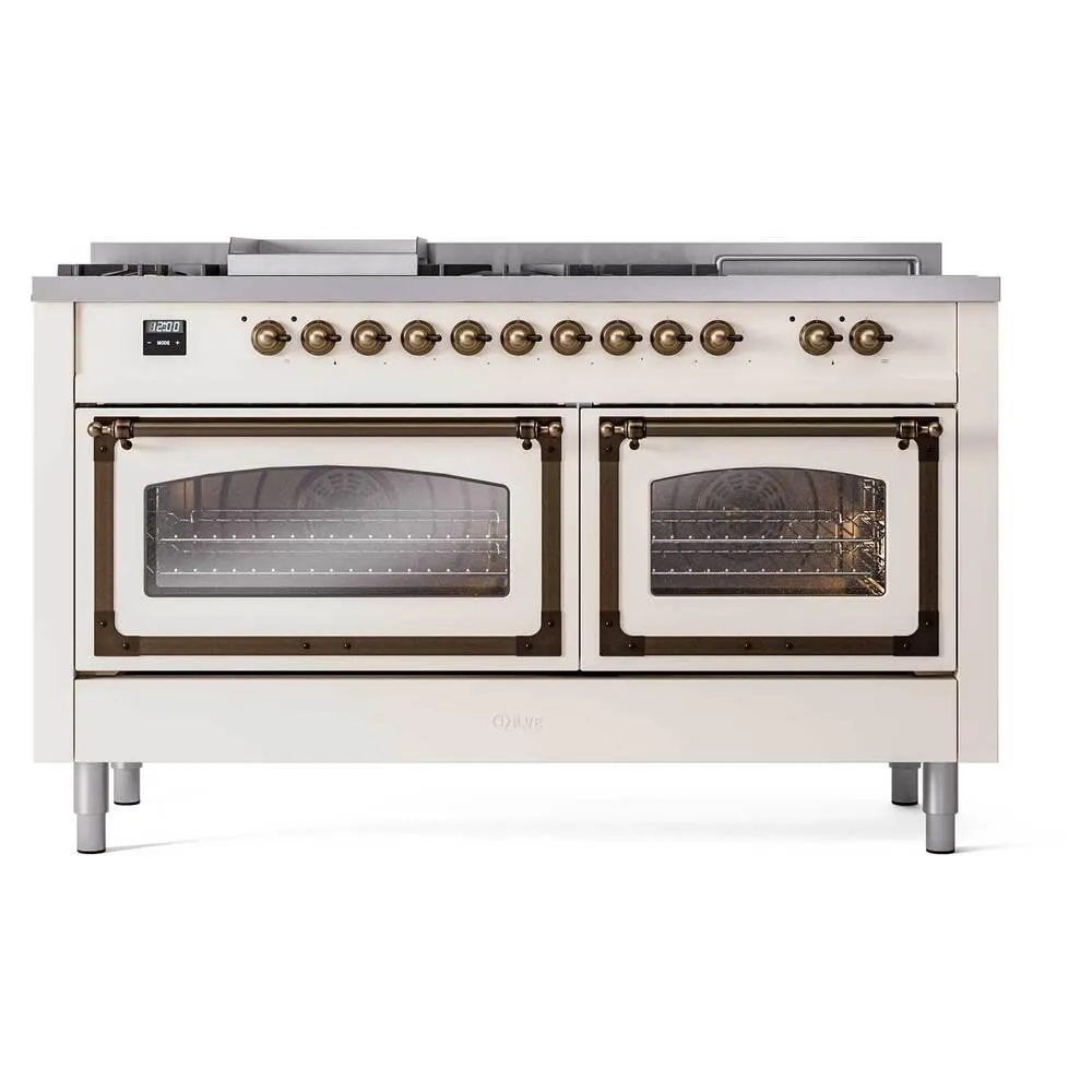 Ilve UN60FSNMPAWBLP Ilve Un60Fsnmpawblp Nostalgie Ii Noblesse 60" Dual Fuel Range (7 Sealed Burners   Griddle   French Top, Liquid Propane, Triple Glass Door, Antique White, Burnished)