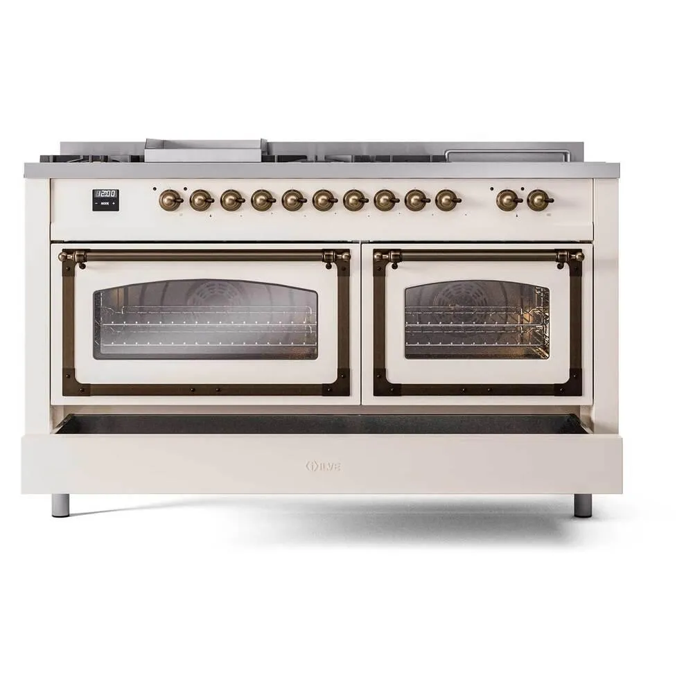 Ilve UN60FSNMPAWBLP Ilve Un60Fsnmpawblp Nostalgie Ii Noblesse 60" Dual Fuel Range (7 Sealed Burners   Griddle   French Top, Liquid Propane, Triple Glass Door, Antique White, Burnished)